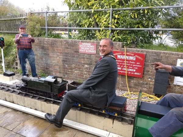 The Mayor has a ride on the miniature railway